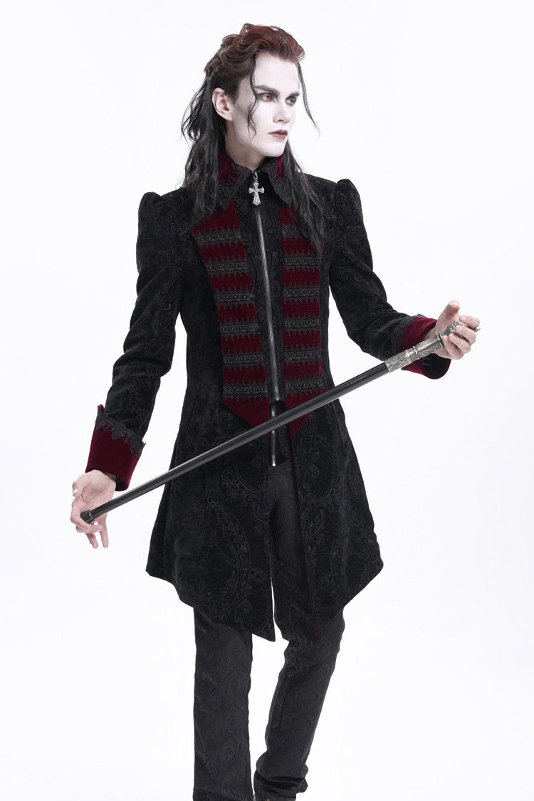Black/Red Lapel Collar Long Sleeves Crochet  Men's Gothic Jacket - Product - 10