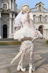 White [Flory Butterfly] Double-Layered Ruffle Bowknot Lace Lace-Up Sweet Ballet Lolita Jsk Dress - Product - 6