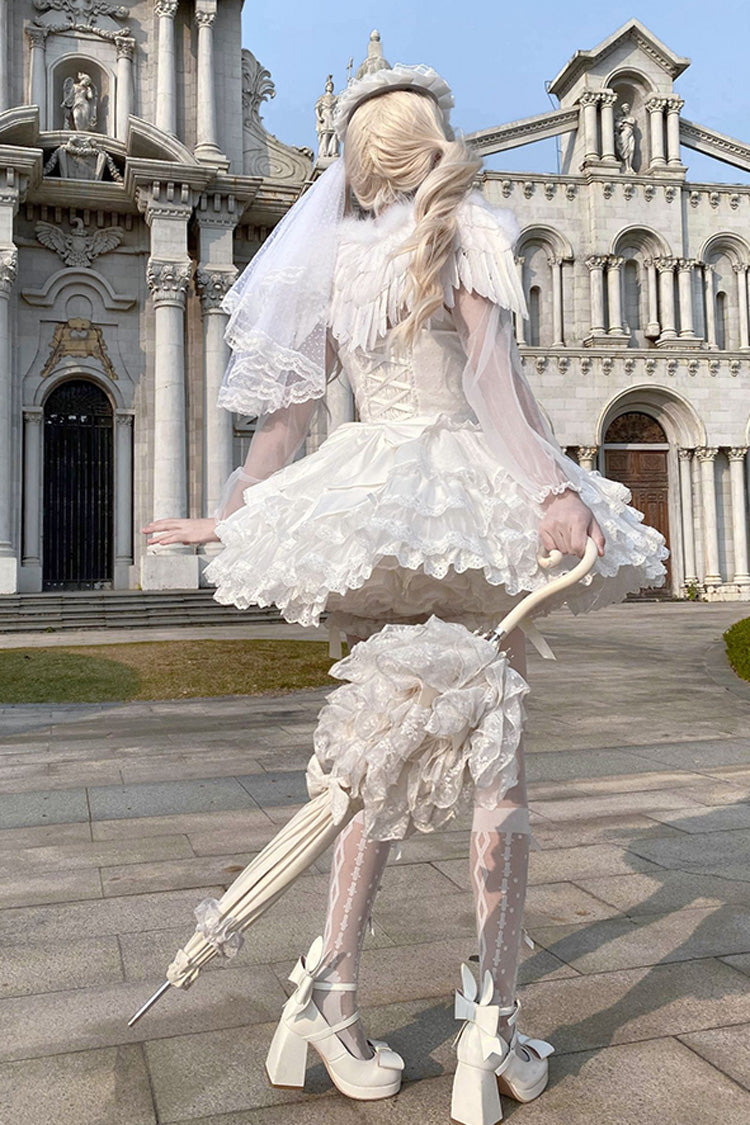 White [Flory Butterfly] Double-Layered Ruffle Bowknot Lace Lace-Up Sweet Ballet Lolita Jsk Dress - Product - 6