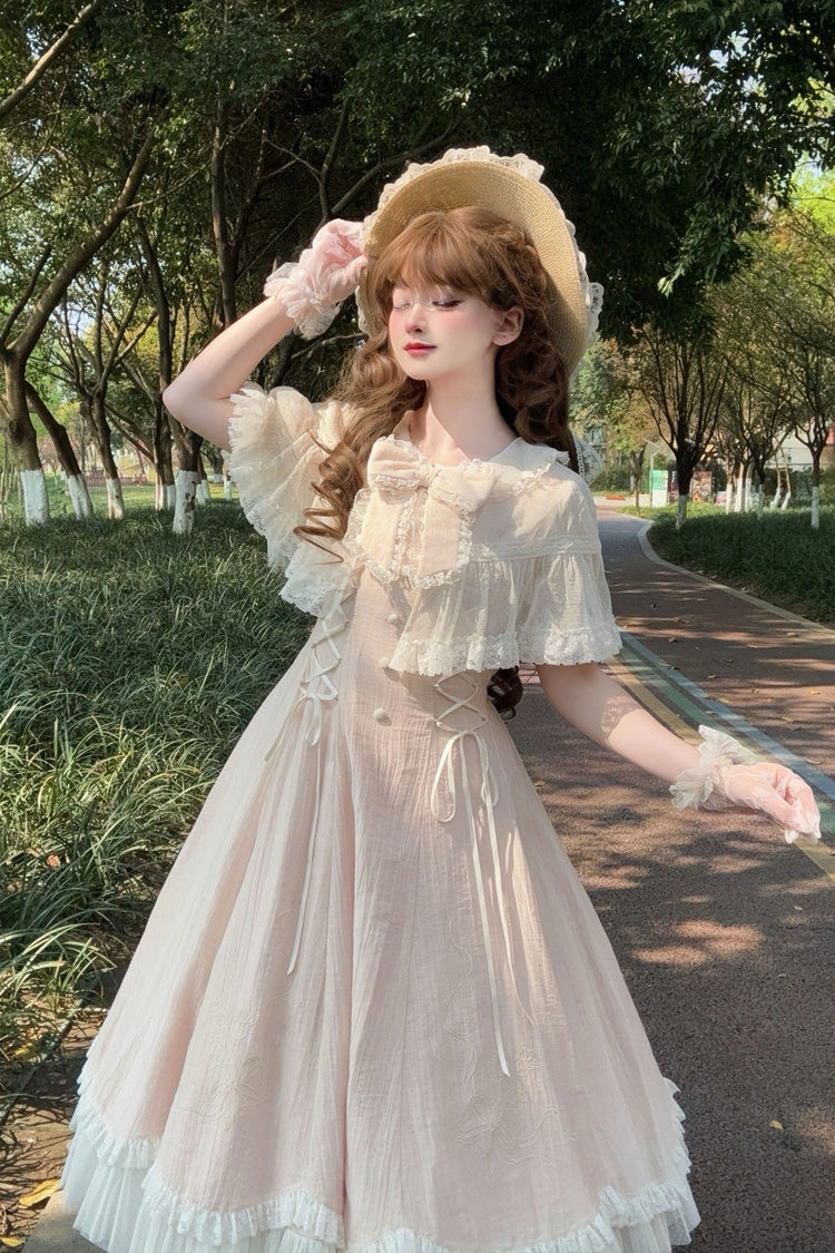 Pink [Wind Chime] Ruffled Embroidered Bow Lace Lace-Up Sweet Lolita Dress - Product - 5