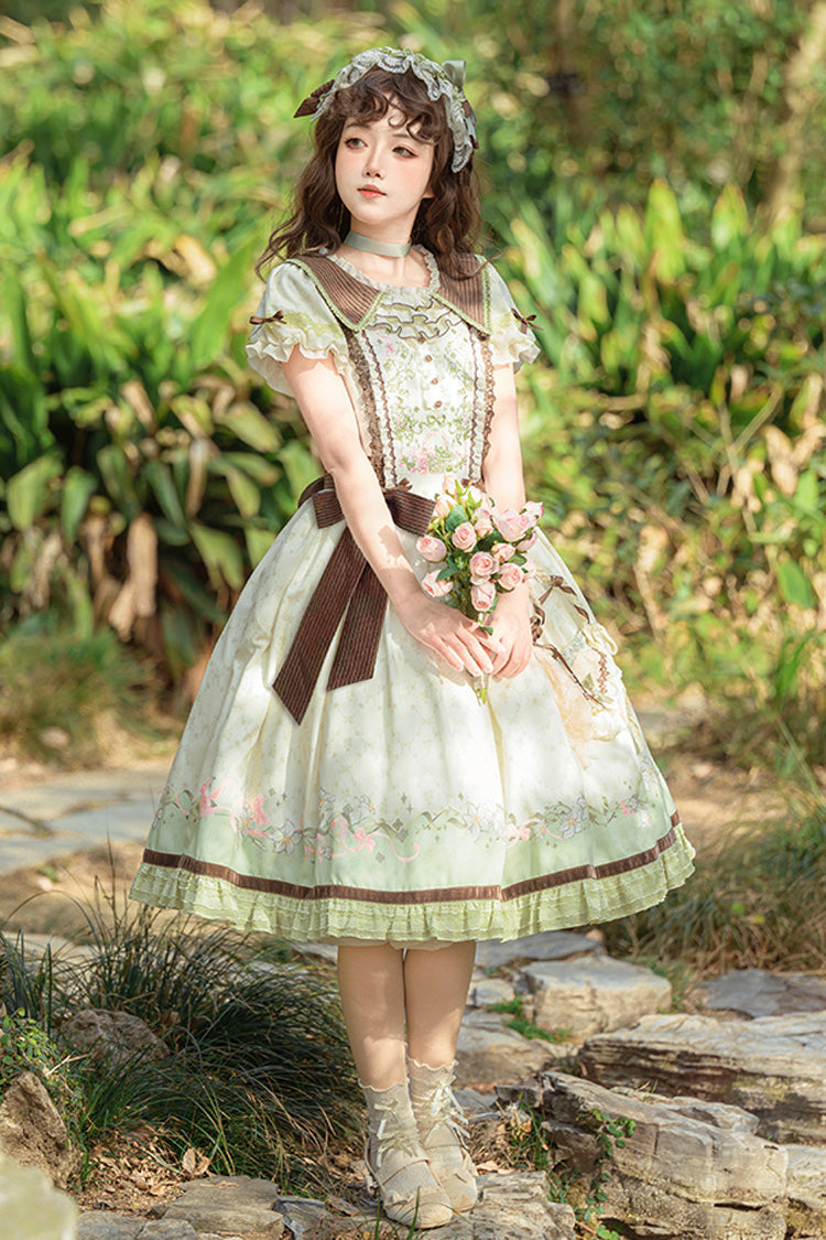 Green/Ivory [Lily] Short Sleeves Print Ruffle Embroidery Bowknot Lace Sweet Elegant Lolita Dress - Product - 3
