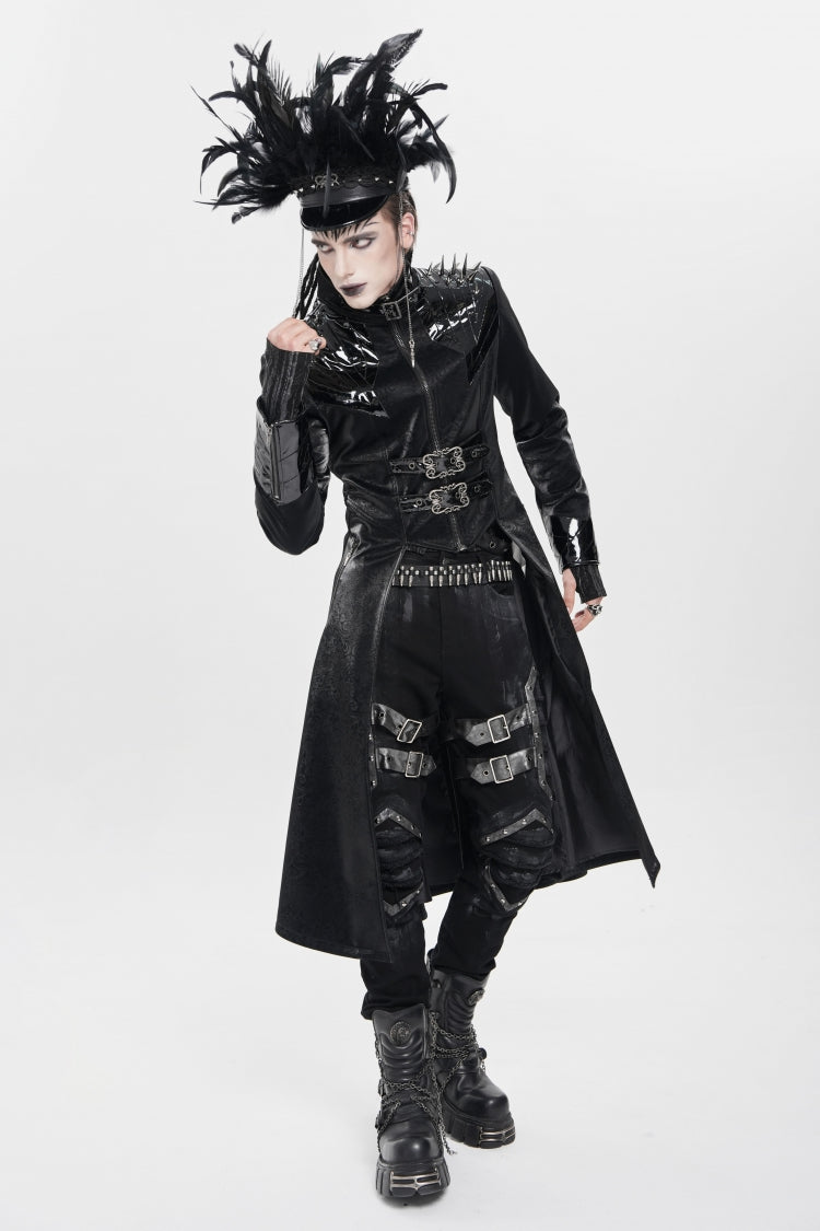 Black Stand Collar Floral Print Rivet Buckle Zipper Straps Men's Punk Coat - Product - 8