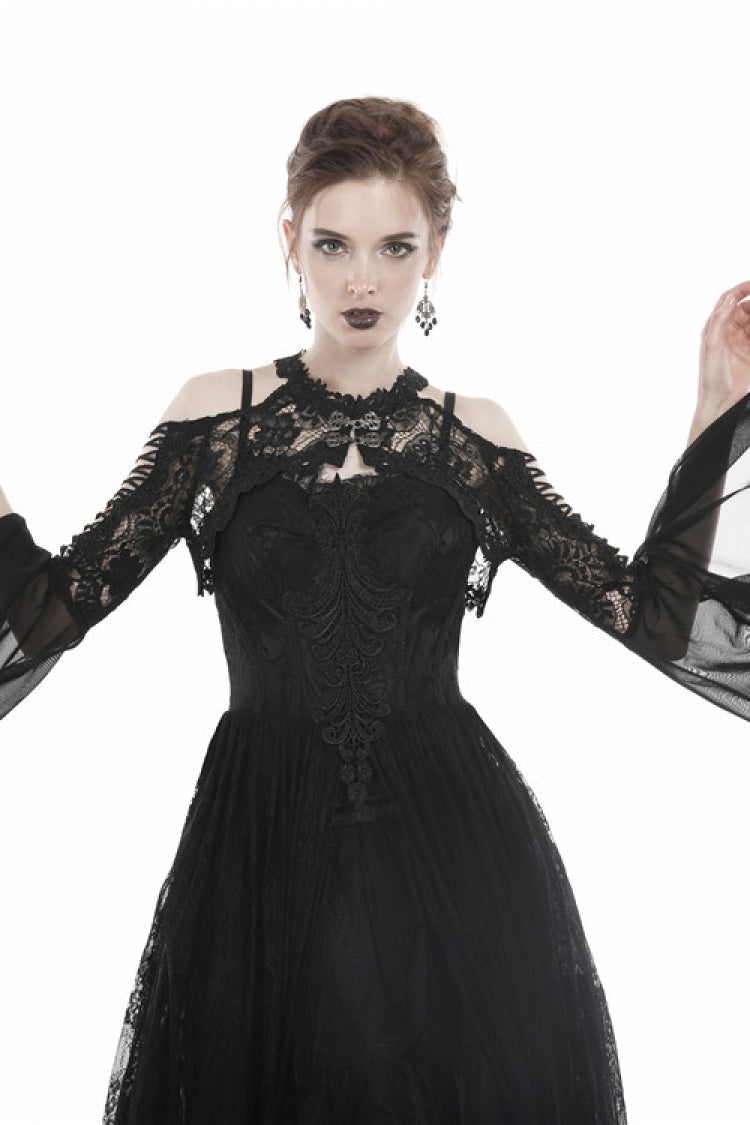 Black Off Shoulder Sheer Lace Long Trumpet Chiffon Sleeves Cut-Out Women's Gothic Capelet - Product - 5