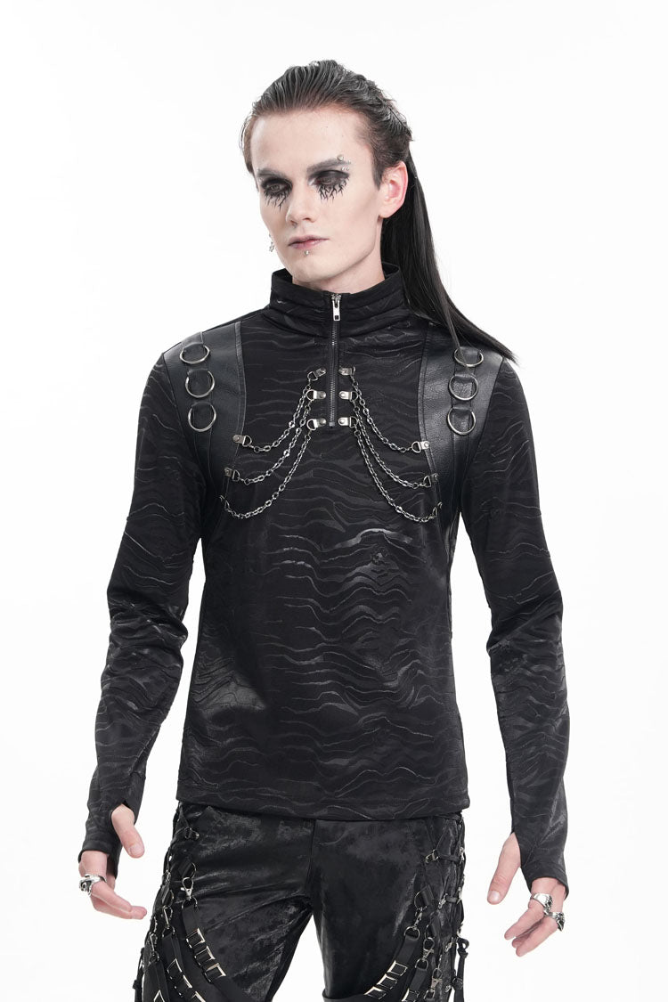Black Chain Rings Stand Collar Long Sleeves Men's Gothic T-Shirt - Black - 1