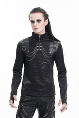 Black Chain Rings Stand Collar Long Sleeves Men's Gothic T-Shirt - Black - 1