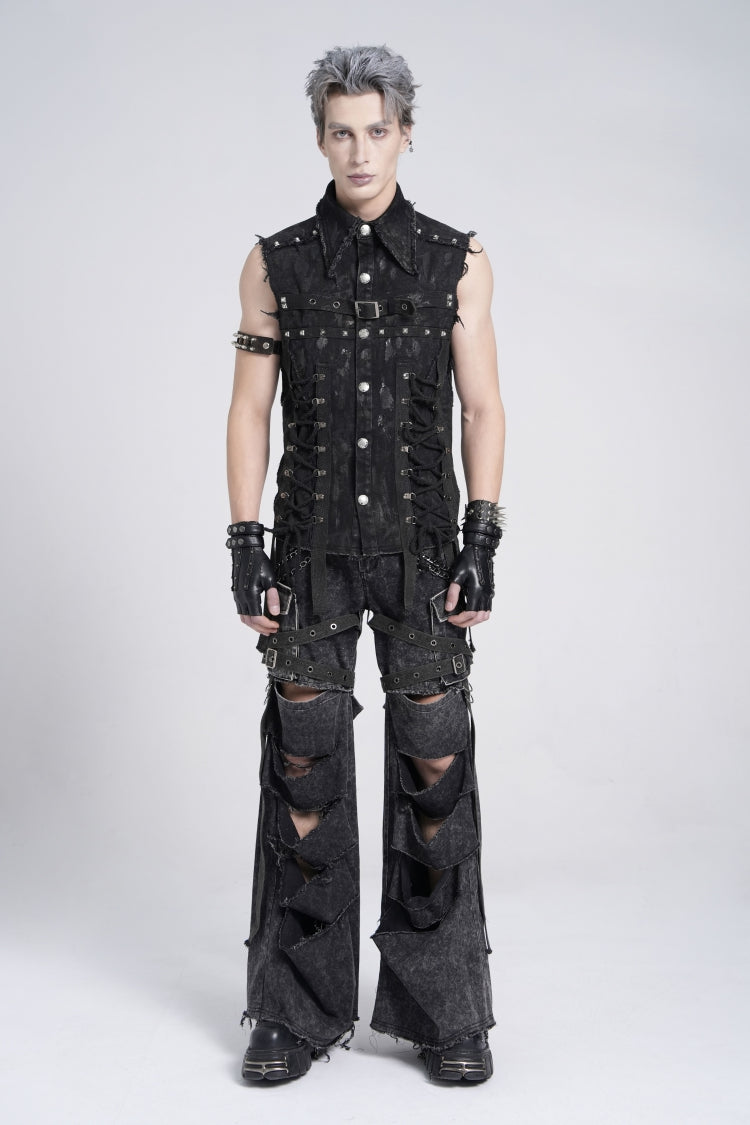 Black Sleeveless Studded Lace-Up Men's Gothic Distressed Vest - Product - 6