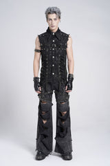 Black Sleeveless Studded Lace-Up Men's Gothic Distressed Vest - Product - 6