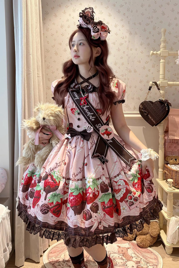 Pink [Strawberry Chocolate Lover] Square Collar Short Sleeves Printed Ruffled Bow Lace Sweet Lolita Dress - Pink - 1