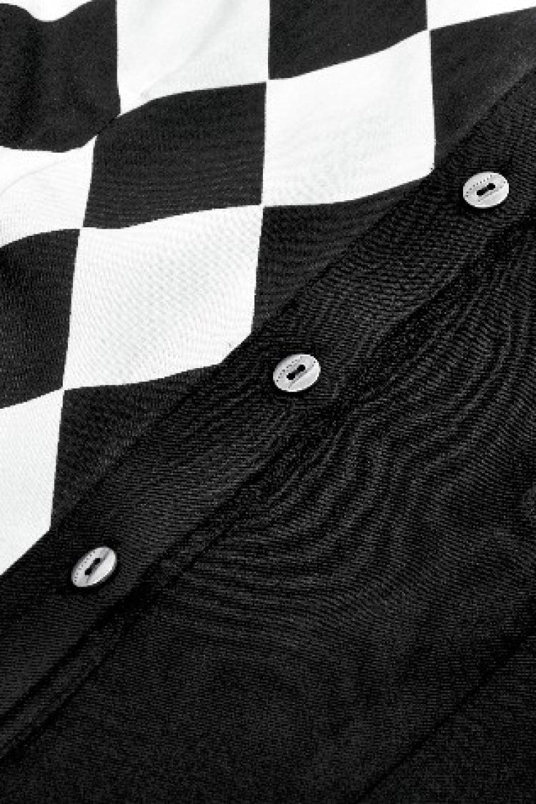 Black/White Harlequin Collar Diamond Pattern Color-Blocked Long Puff Flare Sleeves Women's Gothic Blouse - Product - 13