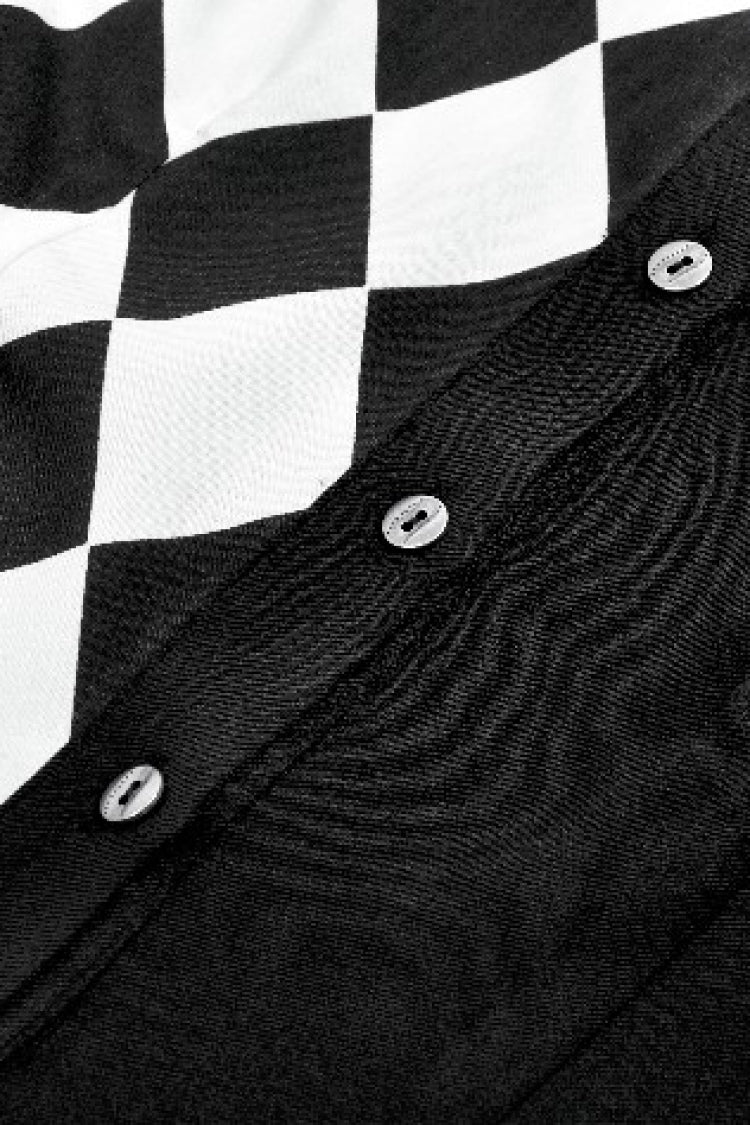 Black/White Harlequin Collar Diamond Pattern Color-Blocked Long Puff Flare Sleeves Women's Gothic Blouse - Product - 13