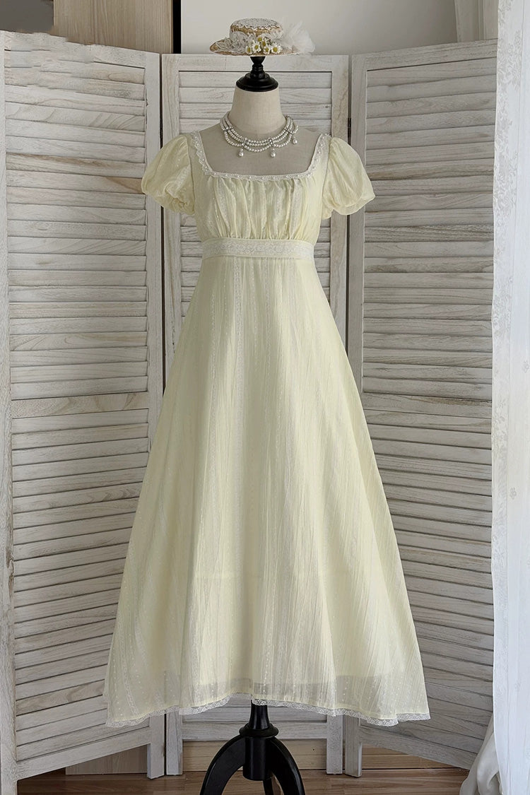 Yellow Square Collar Short Sleeves Jacquard Ruffled Lace Sweet Elegant Lolita Dress - Product - 6