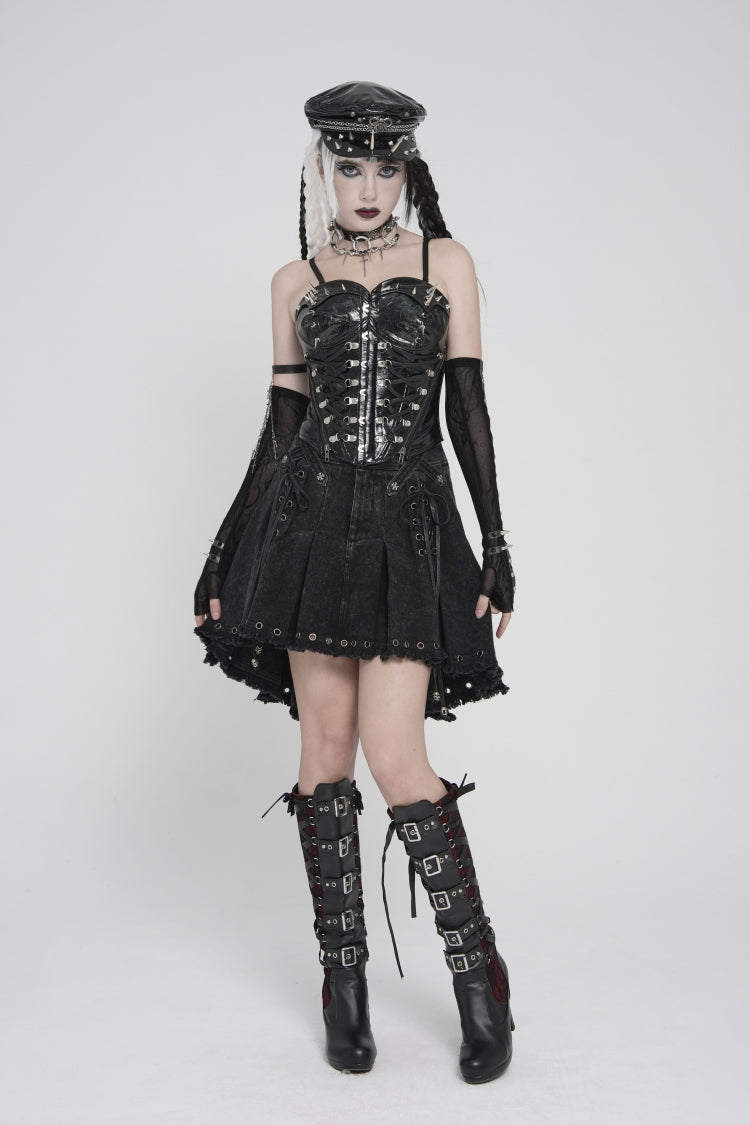 Black Lace-Up Slim Studded Zippered Women's Punk Corset - Black - 1