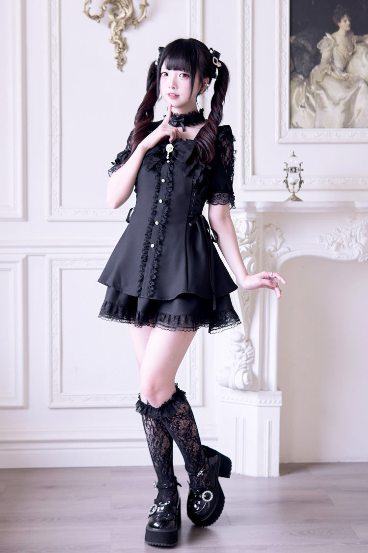 Black [Waltz] Short Sleeves Ruffle Bowknot Gothic Jirai Kei Japanese Dress Set - Product - 6