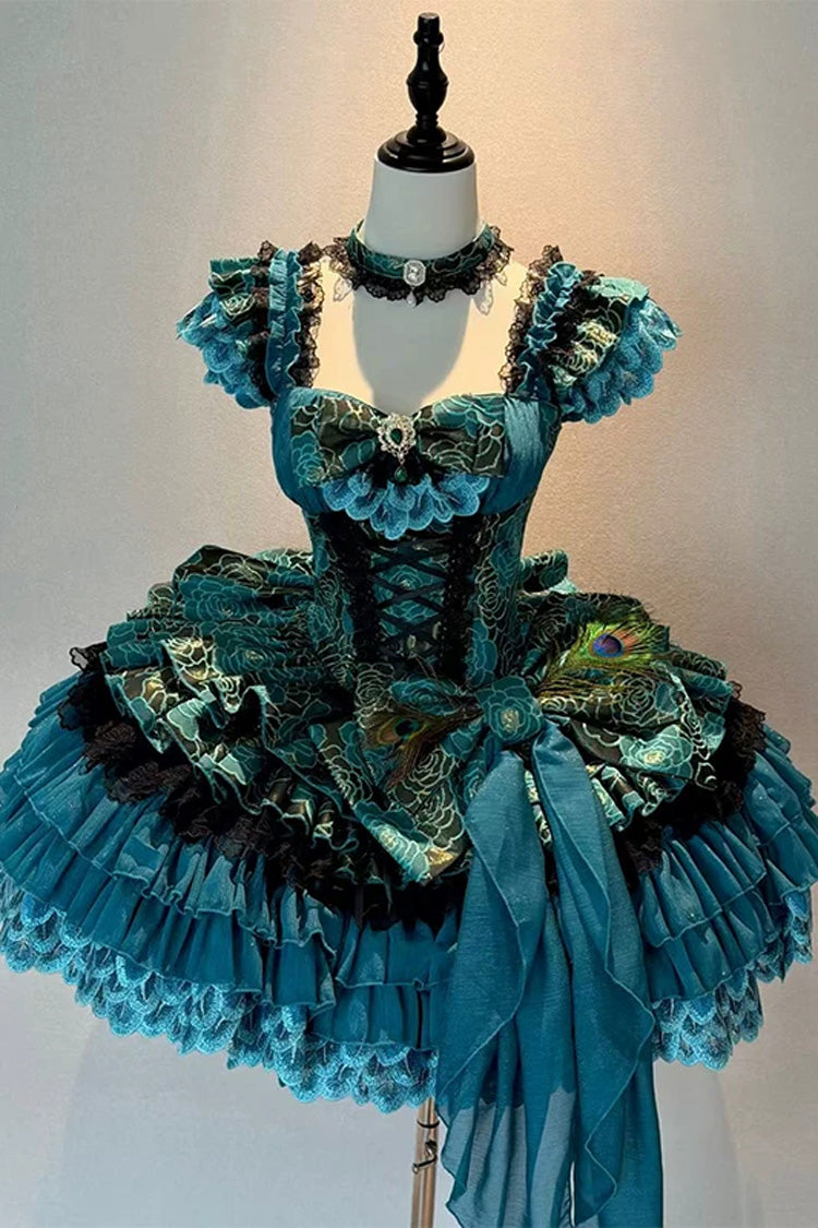 Blue/Green [Peacock Spirit Princess] Sleeveless Multi-Layered Ruffled Bow Lace-Up Classic Elegant Lolita Jsk Dress - Blue/Green(Dress-Only) - 1