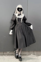 Black/White [Silent Prayer] Long Sleeves Ruffled Bow Lace-Up Gothic Jirai Kei Long Dress - Product - 5