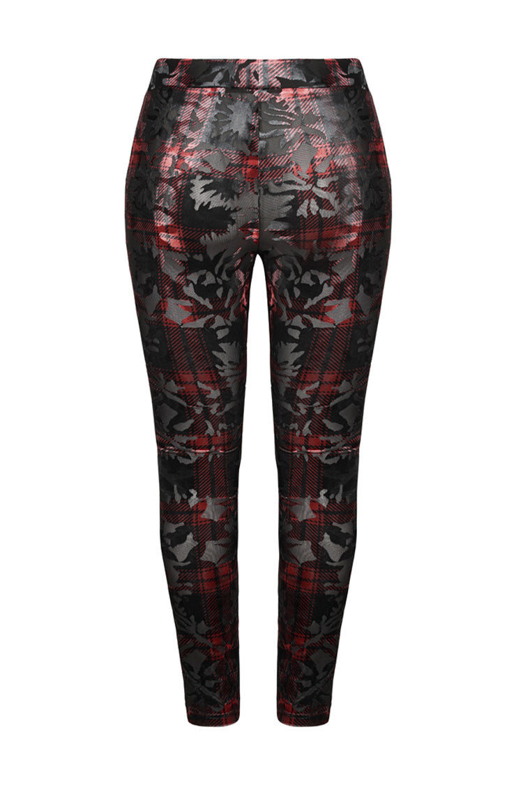 Red Plaid Plus Size Front Splice Imitation Leather Lace-Up Classic Printing Women's Punk Legging - Product - 7