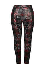 Red Plaid Plus Size Front Splice Imitation Leather Lace-Up Classic Printing Women's Punk Legging - Product - 7