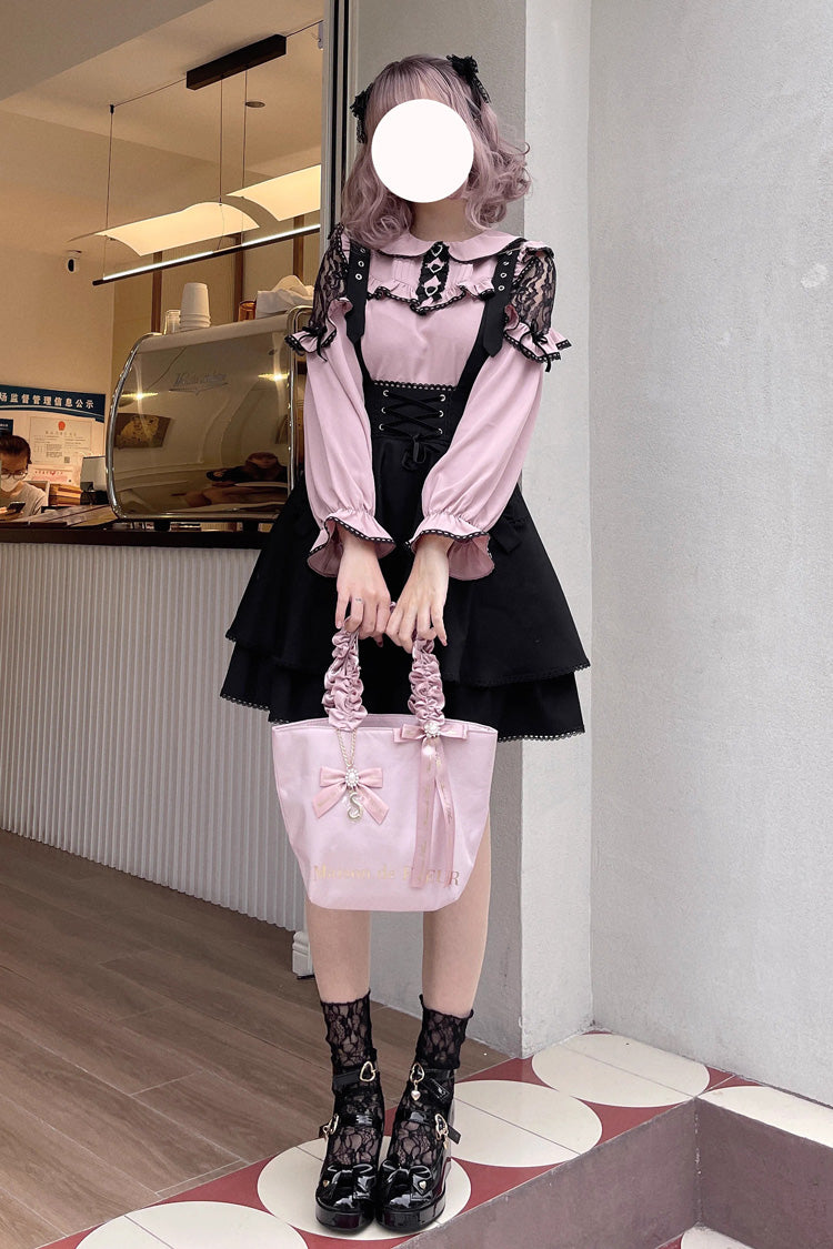 Black Ruffle Bowknot Sweet Jirai Kei Princess Strap Dress - Black - 1