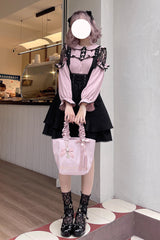 Black Ruffle Bowknot Sweet Jirai Kei Princess Strap Dress - Black - 1