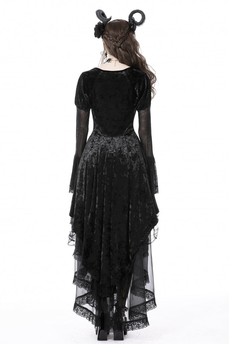 Black Long Puff Sleeves High Low Irregular Multi-Layered Lace Women's Gothic Velvet Dress - Product - 4