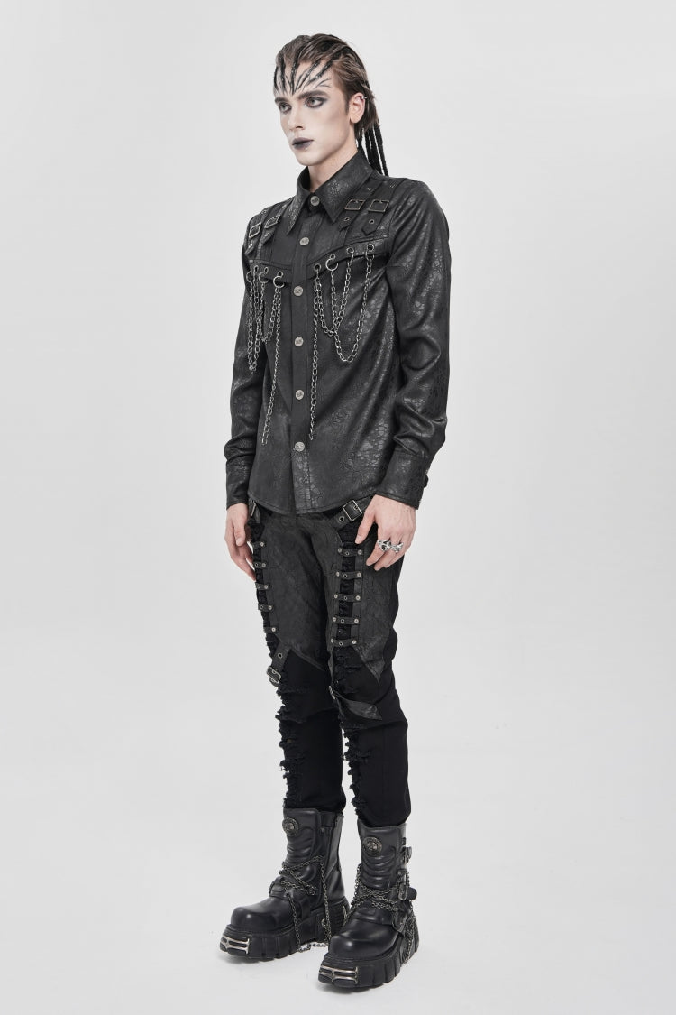 Black Lapel Collar Long Sleeves Buckled Strappy Chain-Decorated Men's Punk Shirt - Product - 6