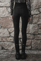 Black Bat Embroidered Waist Elastic Fine-Grained Fluff Metal Zipper Design Tight Women's Punk Leather Pants - Product - 3