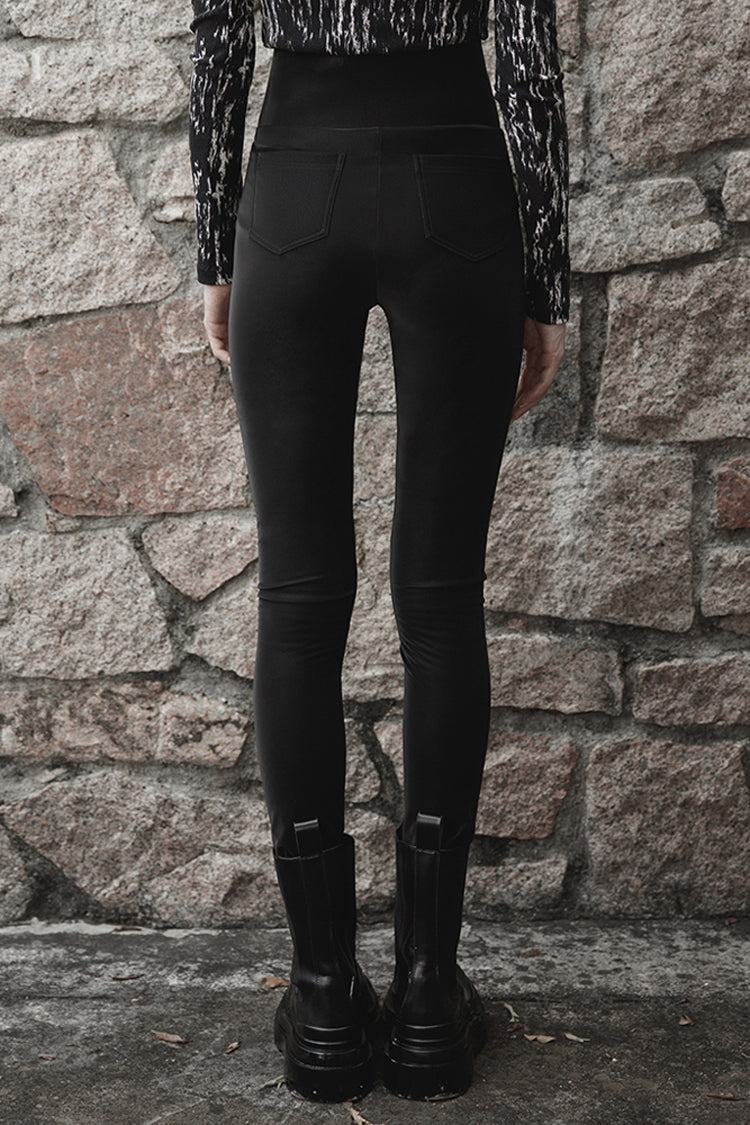 Black Bat Embroidered Waist Elastic Fine-Grained Fluff Metal Zipper Design Tight Women's Punk Leather Pants - Product - 3