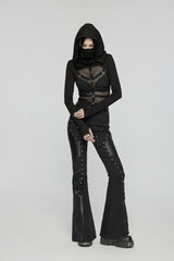 Black Long Sleeves Stitching Hooded Mesh Women's Punk T-Shirt - Product - 6