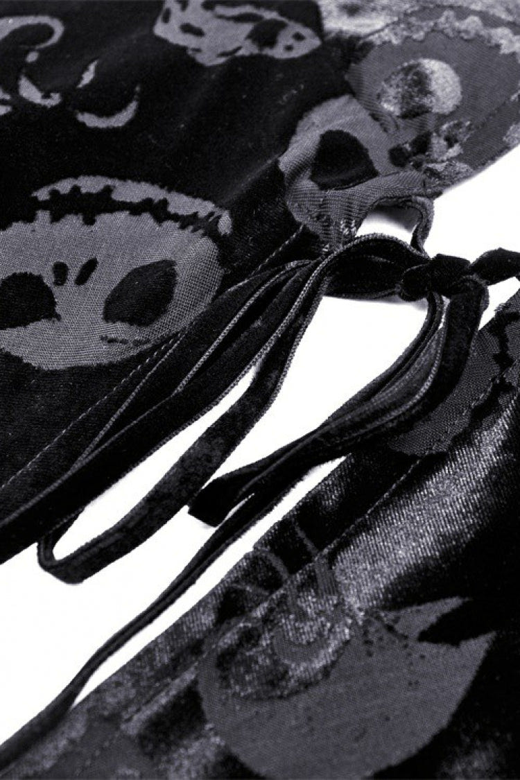 Black Skull Printed Front Lace-Up Women's Gothic Velvet Cape with Hood - Product - 15