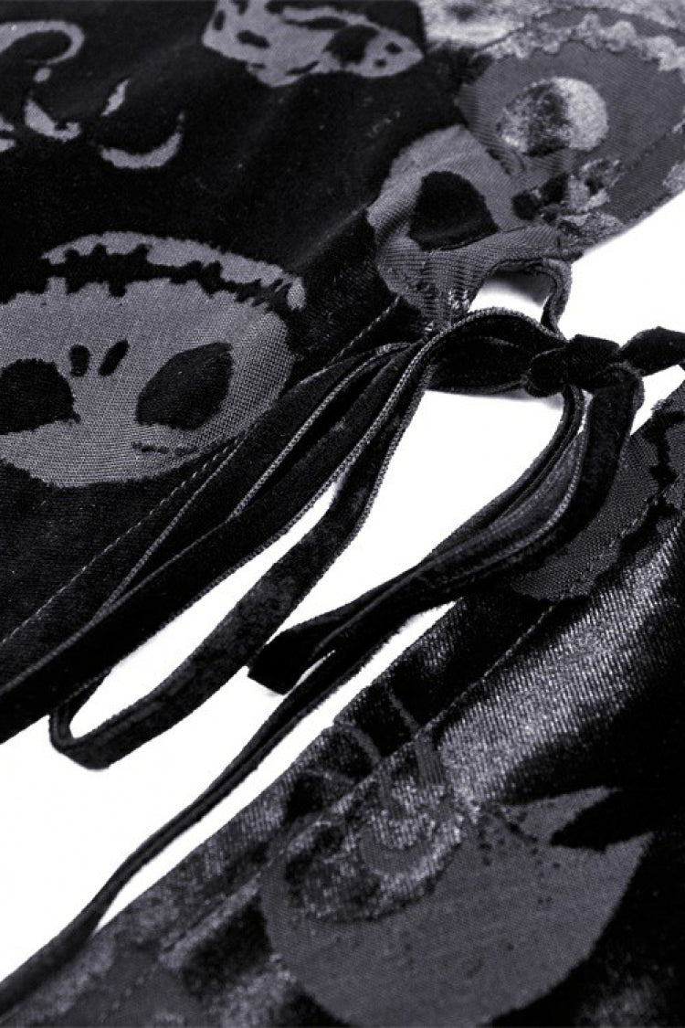 Black Skull Printed Front Lace-Up Women's Gothic Velvet Cape with Hood - Product - 15