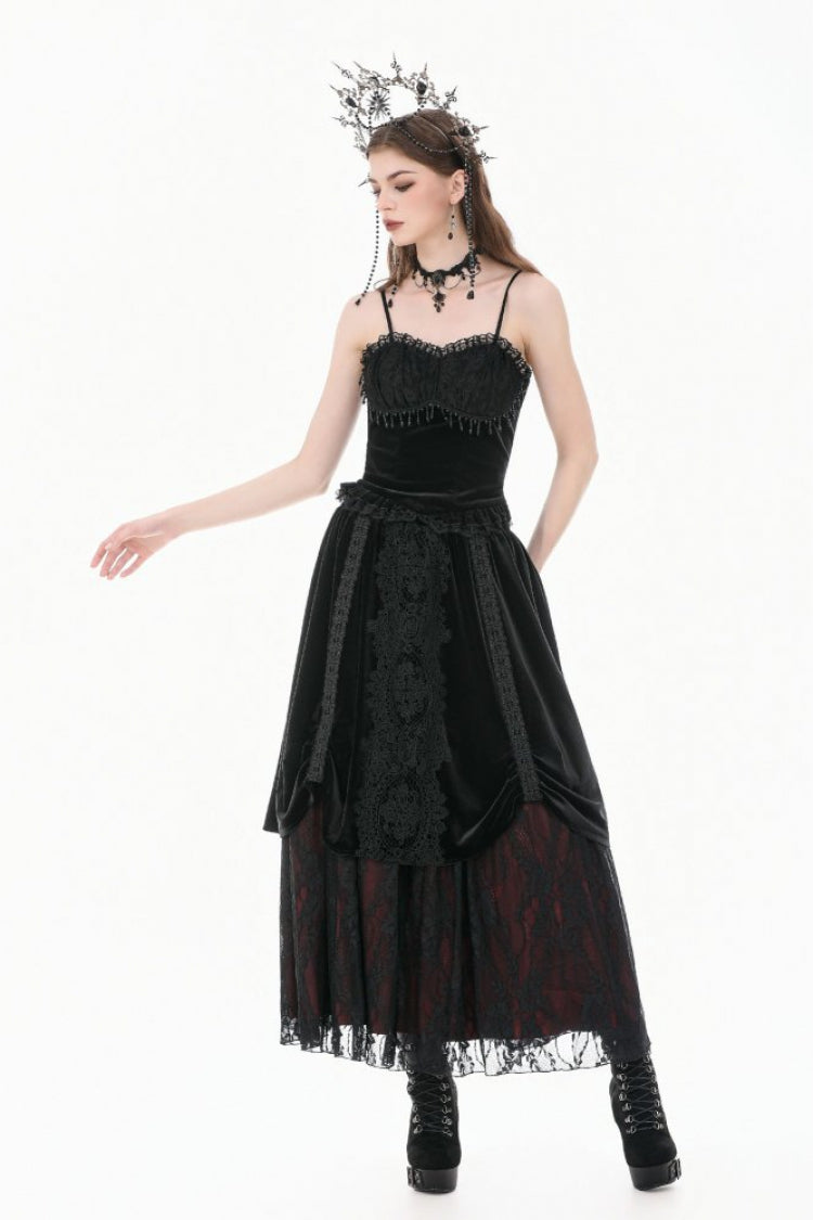 Black Lace Mesh Patchwork Velvet Women's Gothic Vintage Bustier with Beaded Tassel Drops - Product - 9