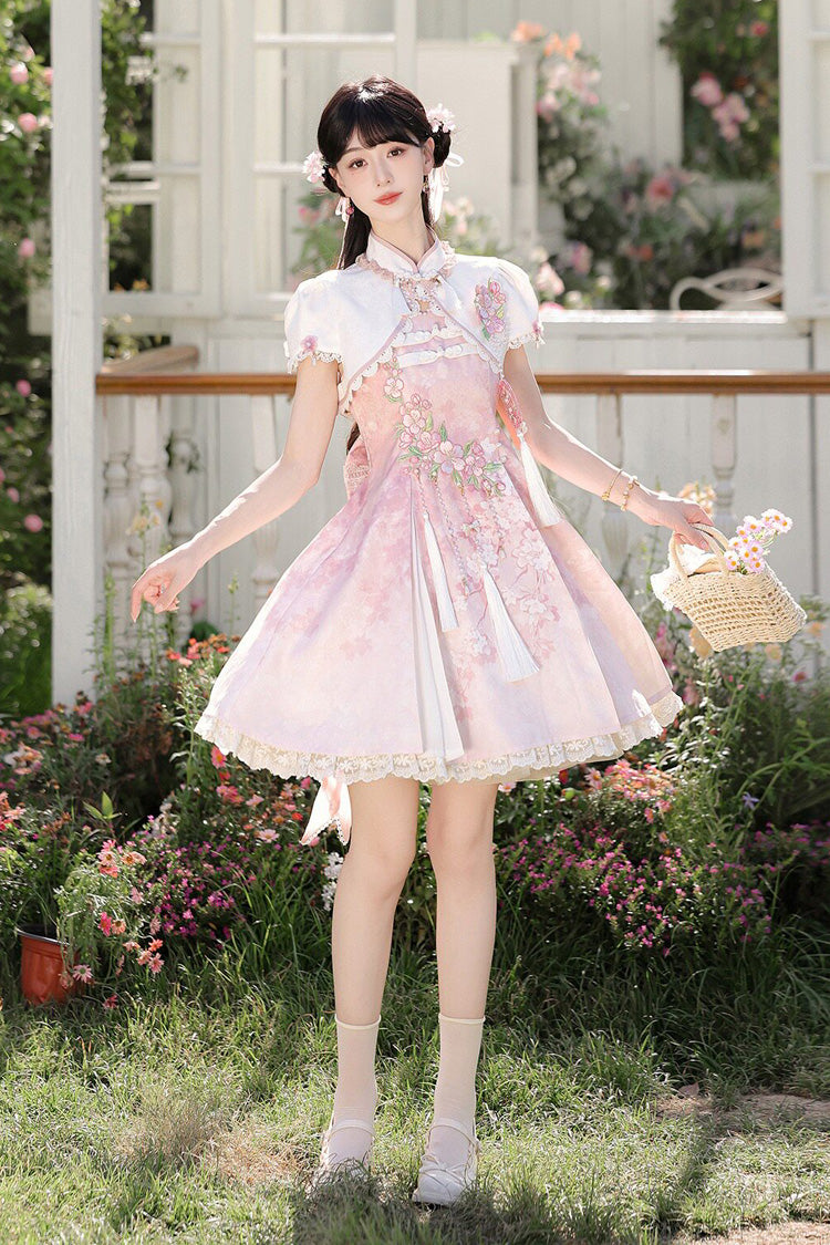 Pink [Whispers on Falling Cherry Blossoms] Printed Embroidered Tassel Sweet Classic Chinese Style Lolita Jsk Dress Set - Product - 7