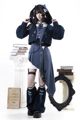 Blue [Indigo Shadow Journey] Stand Collar Long Sleeves Embroidered Hooded Asymmetric Punk Ouji Lolita Dress Four-Piece Set - Product - 12