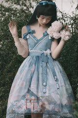 Multi-Color Mount Fuji Cherry Blossom Season Print Bowknot Alice Sweet Lolita JSK Dress - Multi-Color - 1