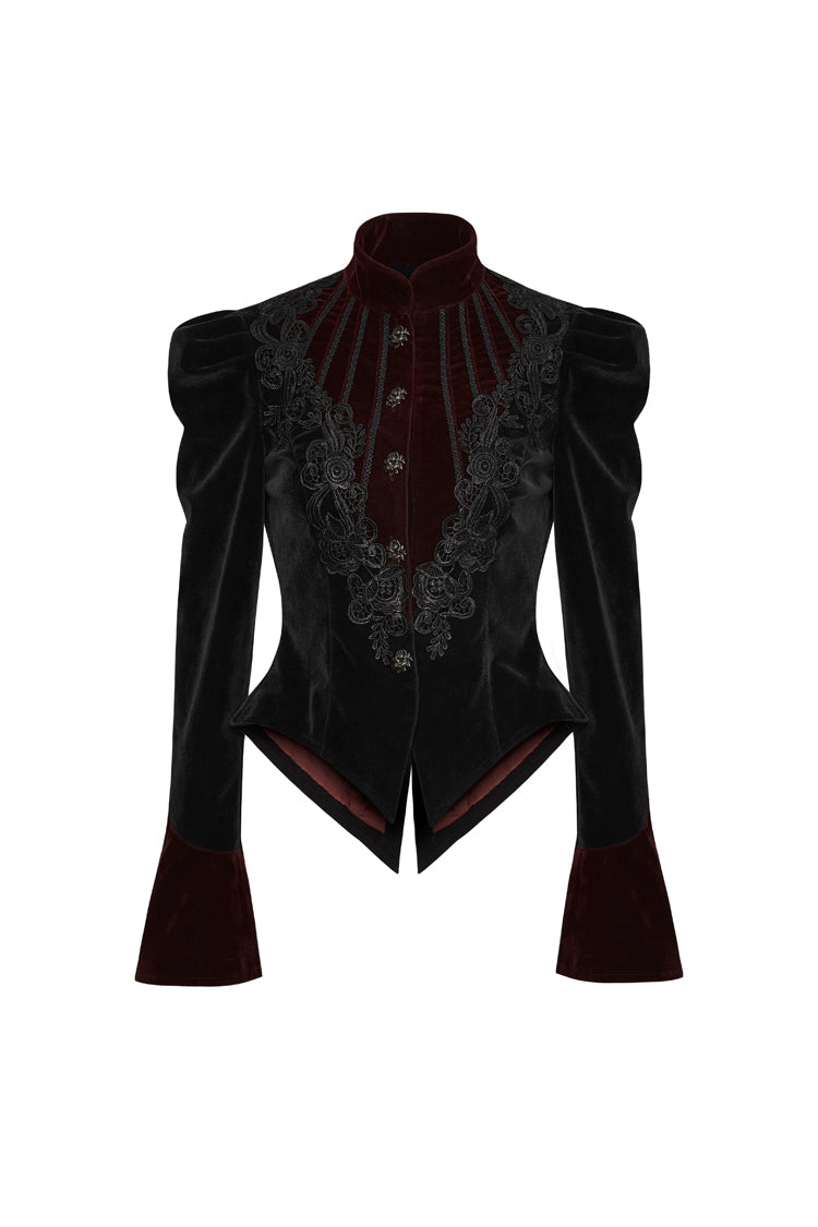 Black 3D Floral Decoration Stand Collar Long Sleeves Womens Gothic Jacket - Product - 5
