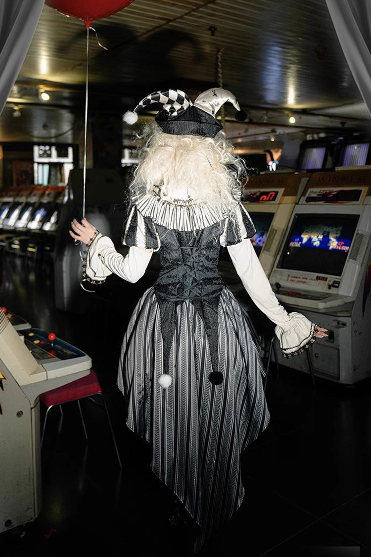 Black [Weird Toy Box] Circus Clown Halloween Print Ruffle Embroidery Asymmetric Gothic Ouji Lolita Full Set - Product - 6