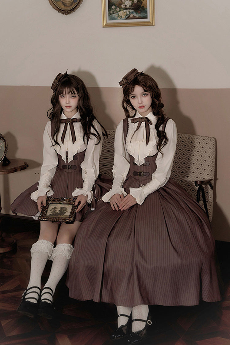 Brown [Manchester City's Past] Striped Print Breast Support Short Version Sweet Lolita Dress - Product - 6