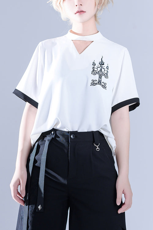 White Hollow V Collar Spooky Shadow Embroidered Ouji Lolita Short Sleeves - White - 1