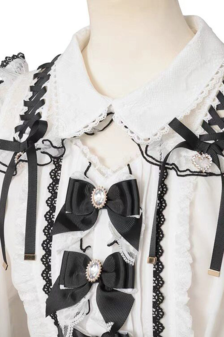 Sweet Lapel Collar Off Shoulder Long Sleeves Bow Spliced Lace Plus Size Japanese Lolita Blouse 3 Colors - Product - 7
