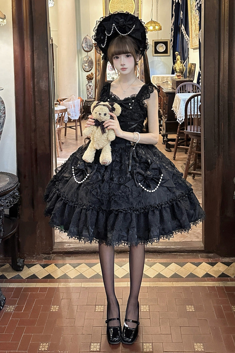 Black [Rose Princess] Sleeveless Ruffle Bowknot Lace Lace-Up Gothic Ballet Lolita Jsk Dress - image 2