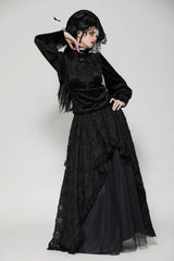 Black Ruffled Turtleneck Bishop Long Sleeves Floral Lace Patchwork Velvet Women's Gothic Blouse - Product - 7