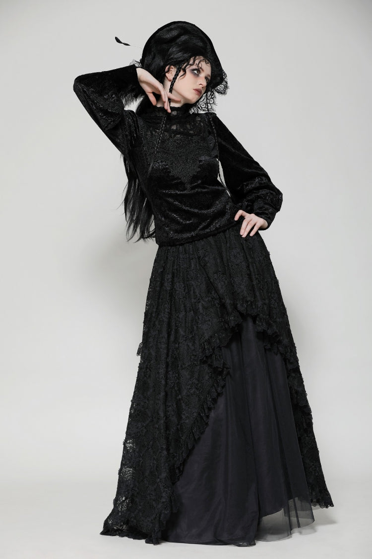 Black Ruffled Turtleneck Bishop Long Sleeves Floral Lace Patchwork Velvet Women's Gothic Blouse - Product - 7