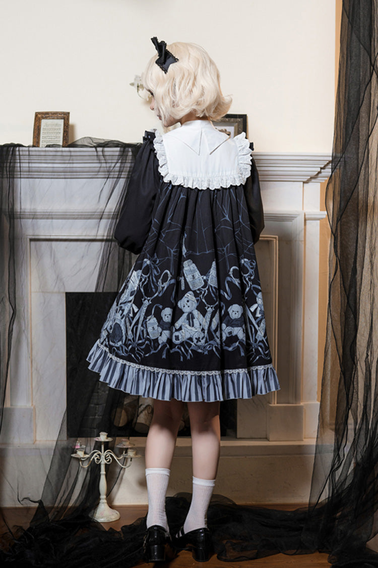 Black Bandage Bear Print Long Sleeves Ruffle Bowknot Lace Gothic Lolita Dress - Product - 3