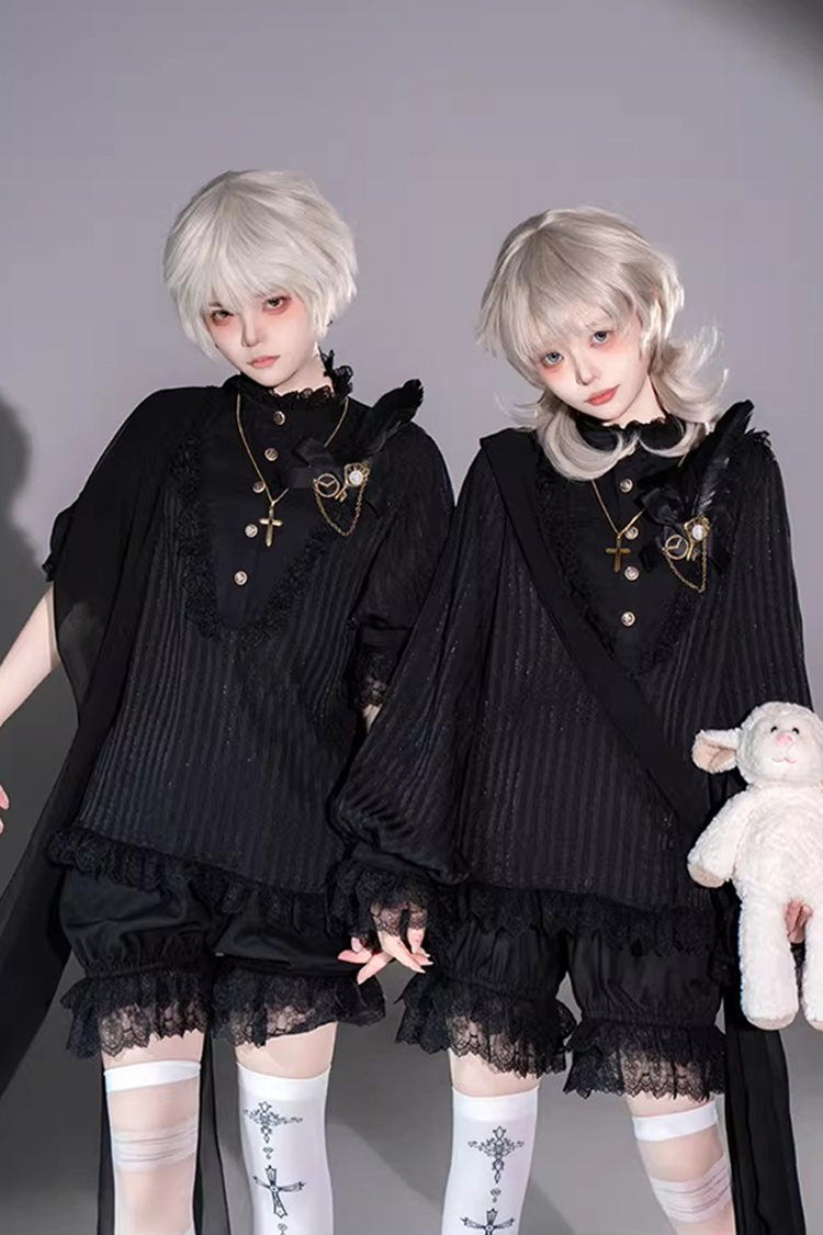 Black Stand Collar Long Short Sleeves Printed Ruffled Lace Gothic Ouji Lolita Set 2 Versions - Product - 7