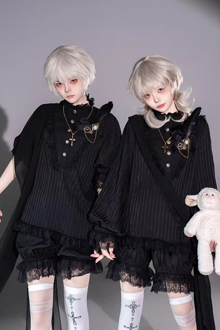 Black Stand Collar Long Short Sleeves Printed Ruffled Lace Gothic Ouji Lolita Set 2 Versions - Product - 7