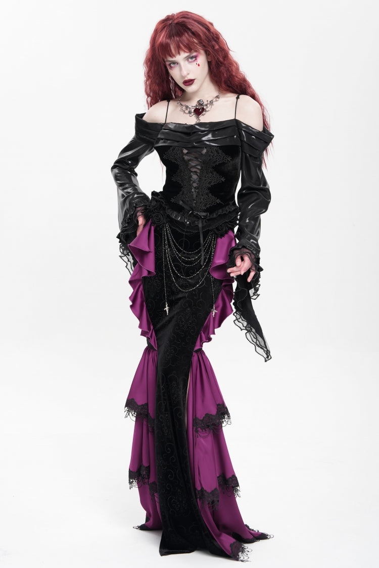 Purple Floral Print Lace-Up Rose Chain Women's Gothic Fishtail Skirt - Product - 10