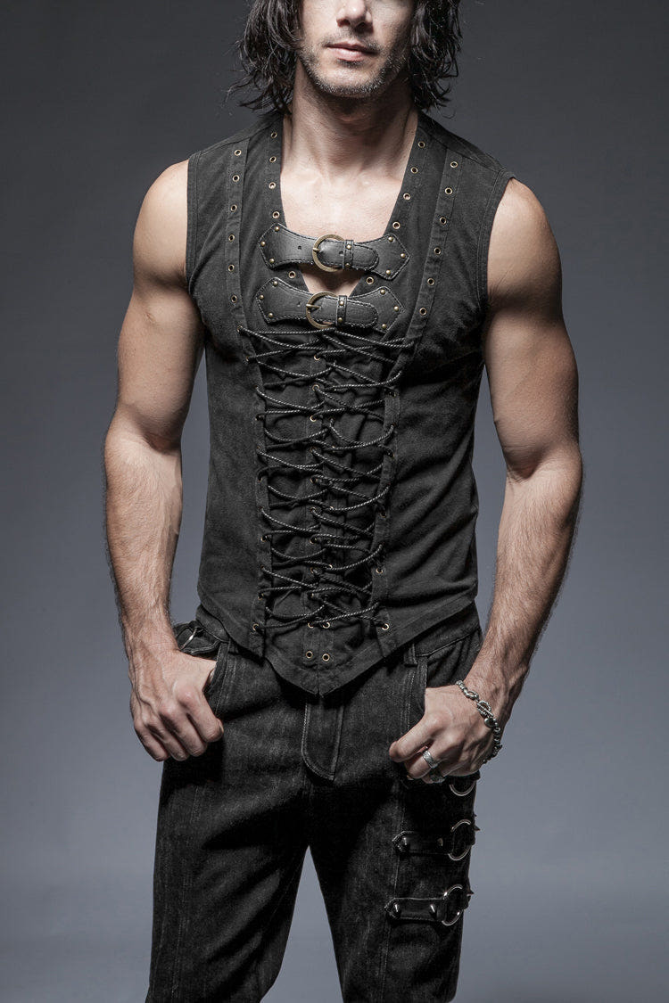 Black V Collar Sleeveless Metal Rings Cross Lace-Up Men's Steampunk Vest - Black - 1