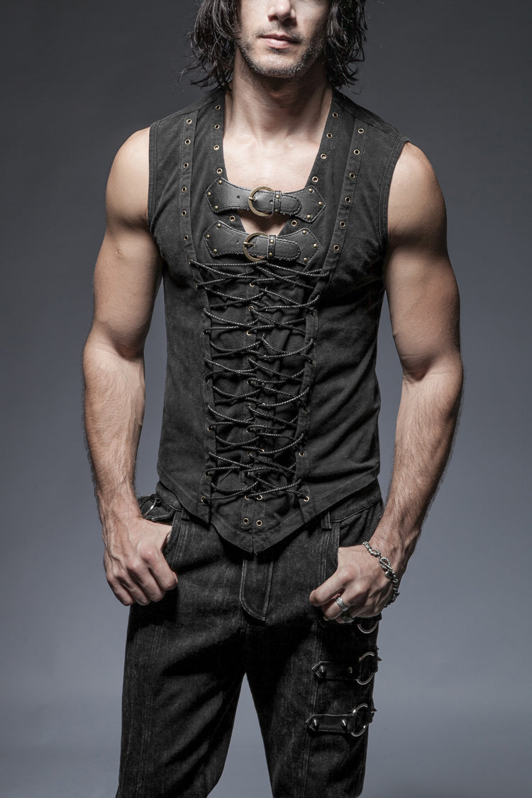 Black V Collar Sleeveless Metal Rings Cross Lace-Up Men's Steampunk Vest - Black - 1