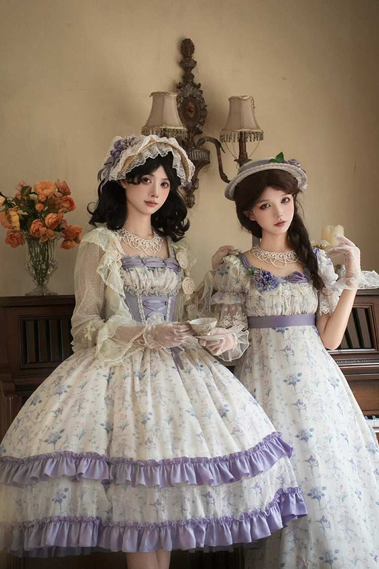 Purple/Ivory [Iris Secrets] Double-Layered Print Ruffle Bowknot Lace-Up Fake Two Pieces Sweet Lolita Jsk Dress - Product - 12