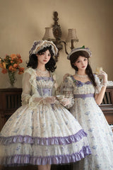 Purple/Ivory [Iris Secrets] Short Sleeves Double-Layered Print Ruffle Bowknot Lace-Up Sweet Lolita Dress - Product - 13